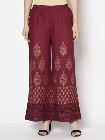 Aniyah Rayon Maroon Color Block Print Flared Slip-On Palazzo (AN-183K)