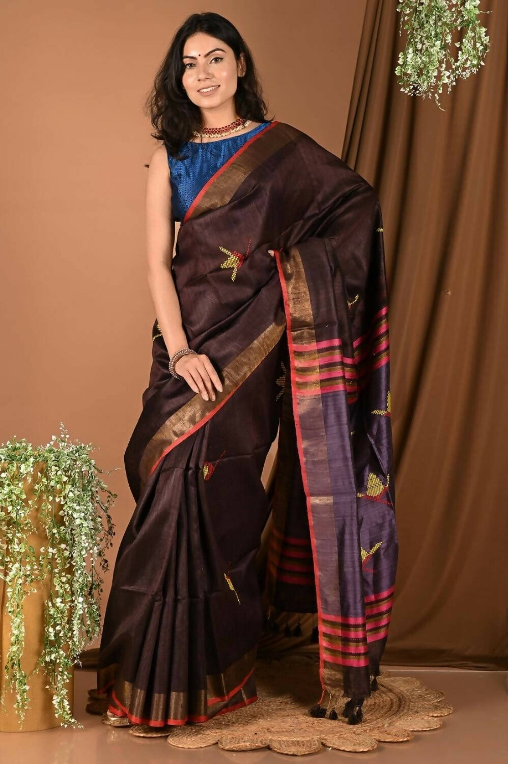Very Much Indian Handloom Pure Dupion Silk Saree With Sleek Golden Border - Brown - Distacart