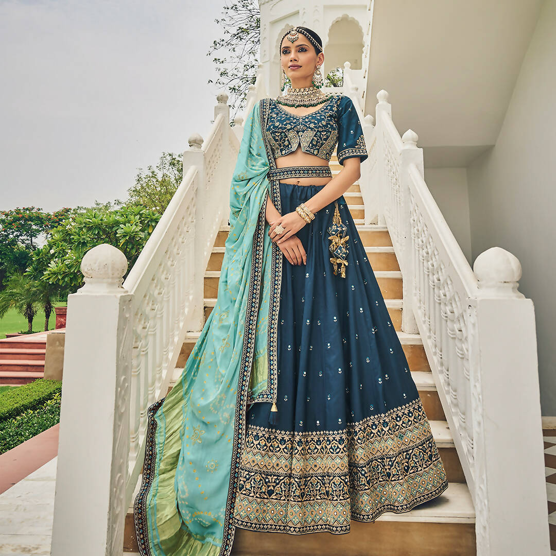 Navy Blue Heavy Viscose Khatli, Embroidery & Mirror Work Unstitched Lehenga Choli - Sisha Keshav - Distacart