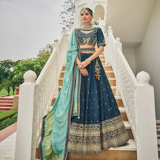Navy Blue Heavy Viscose Khatli, Embroidery & Mirror Work Unstitched Lehenga Choli - Sisha Keshav - Distacart