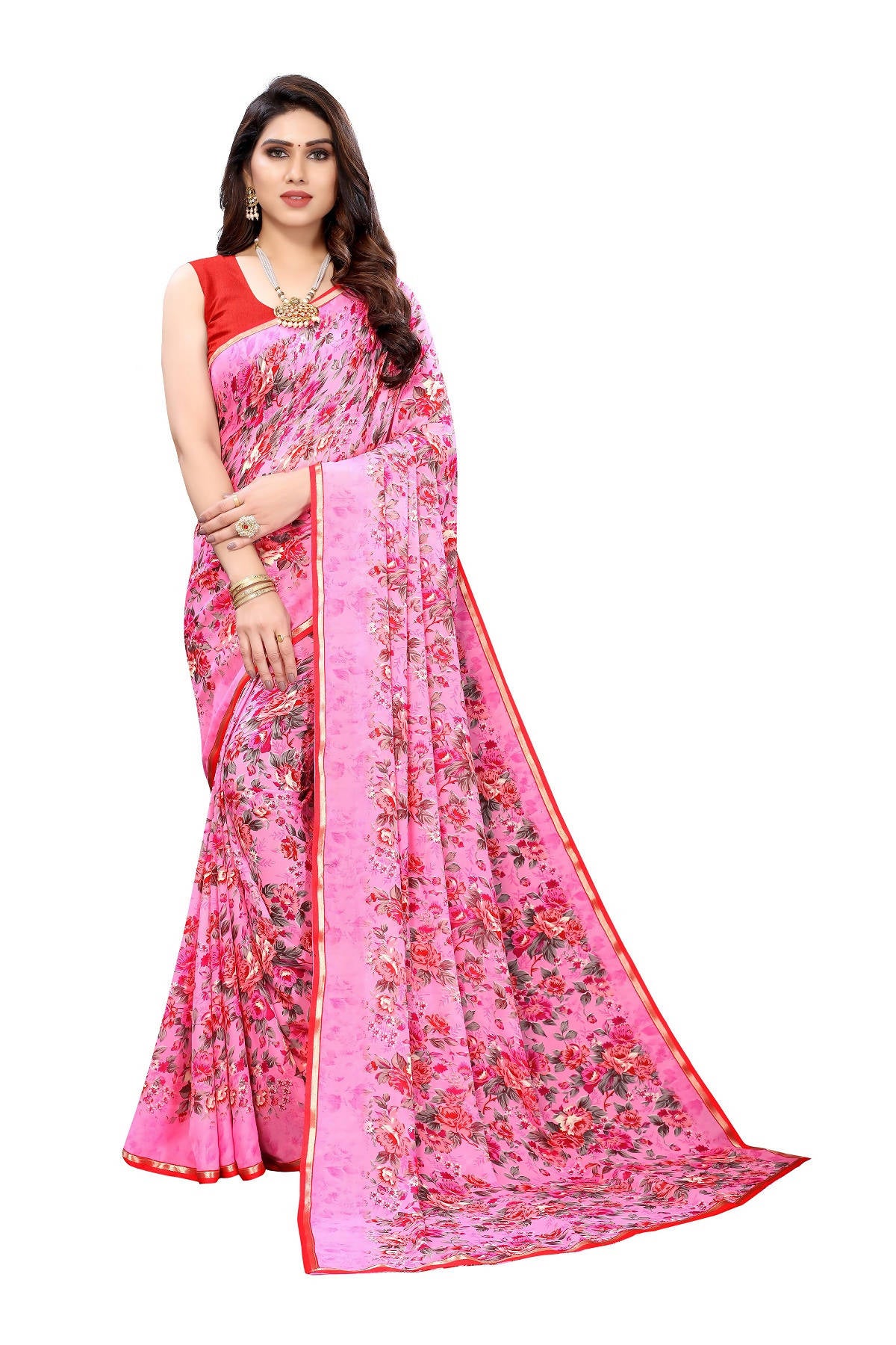Vamika Ethnic Fire Pink Printed With Lace Saree - Distacart