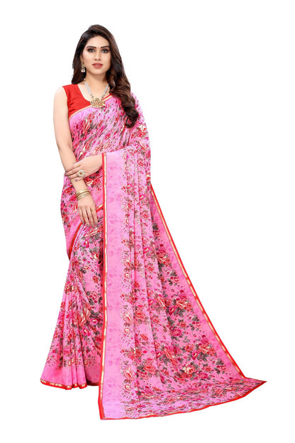 Vamika Ethnic Fire Pink Printed With Lace Saree - Distacart