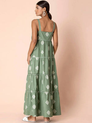 Indya Green Tribal Tiered Maxi Dress - Distacart