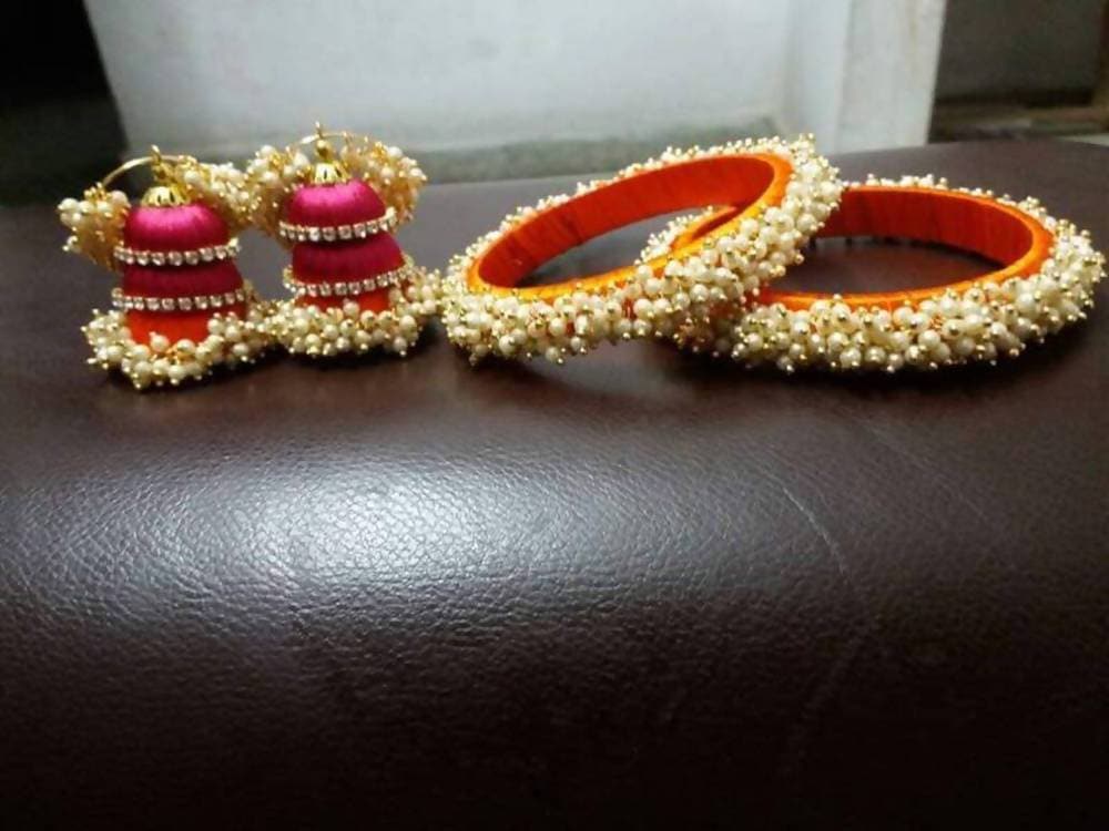 Pearl Silk Threaded Jumka Earrings And Bangles Set
