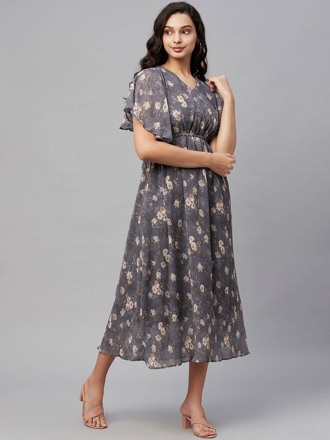 Myshka Women Grey Printed Half Sleeve V Neck Dress - Distacart