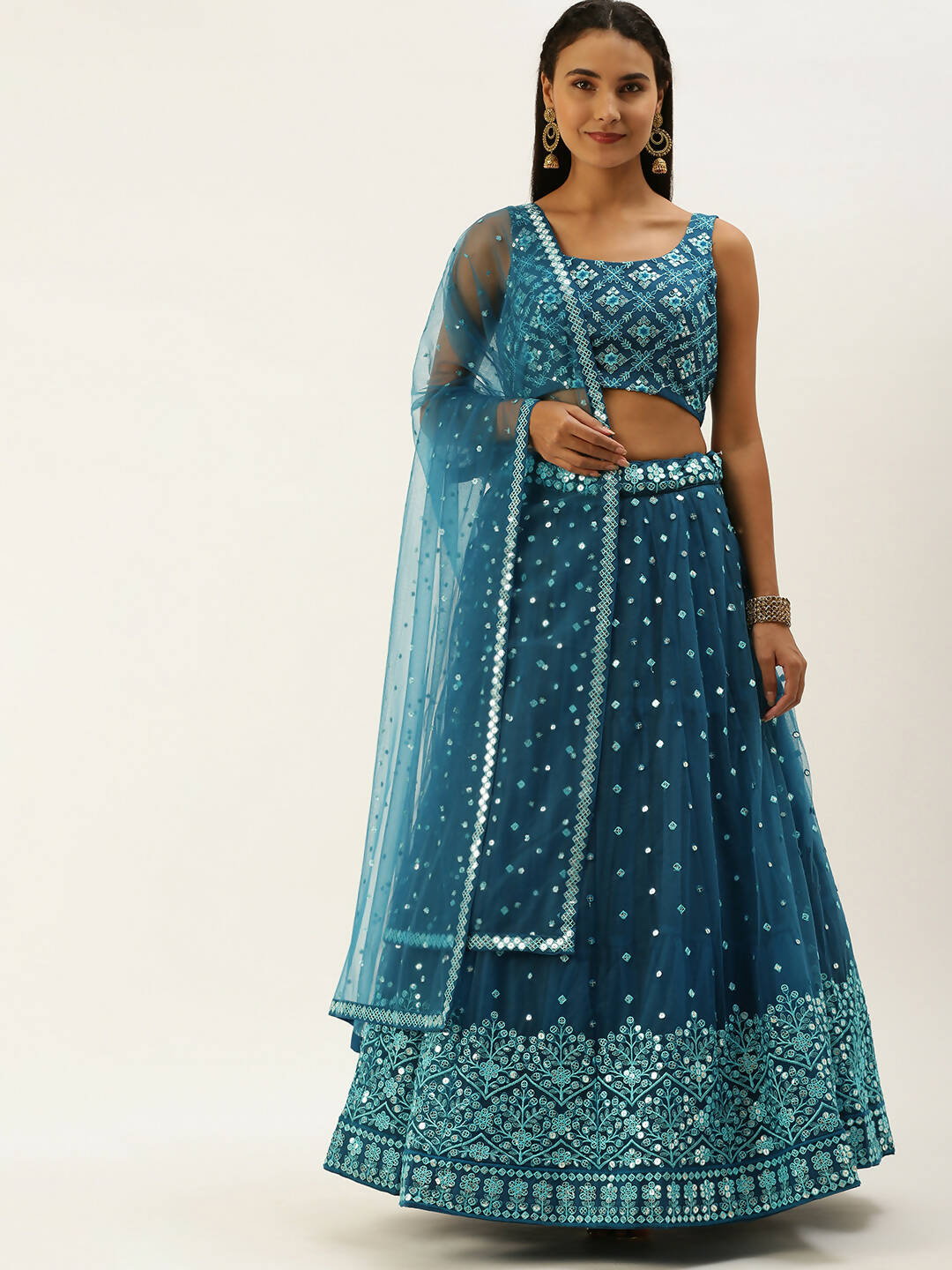 House of Panchhi Teal Net Sequinse Work Lehenga & Blouse, Dupatta - Distacart