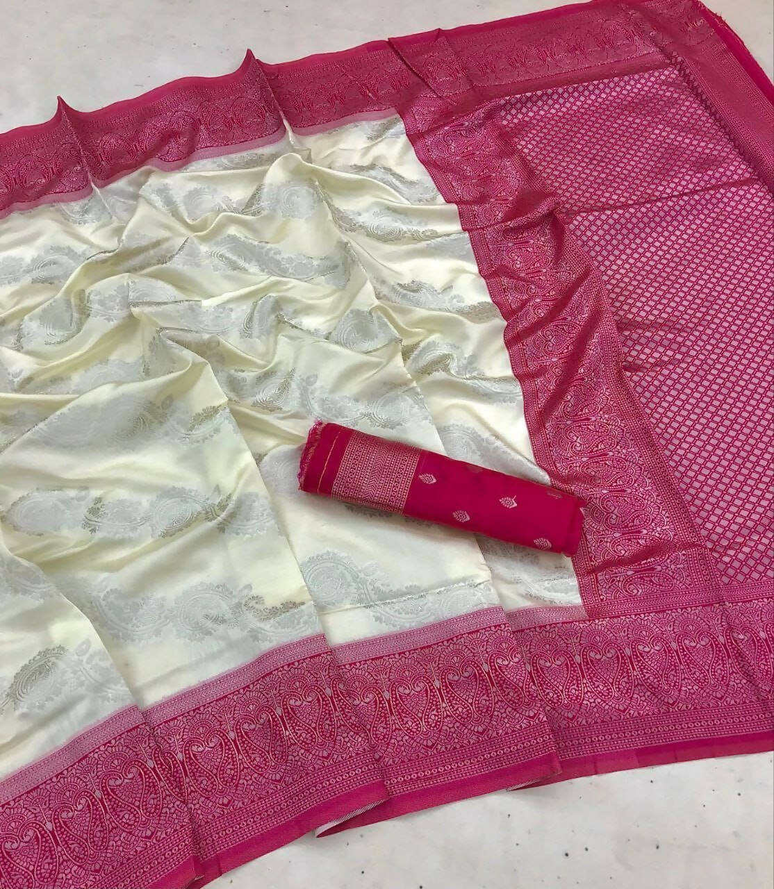 DEIANA'S Beautiful Golden Jari with New Design Soft Lichi Silk Saree - White - Distacart