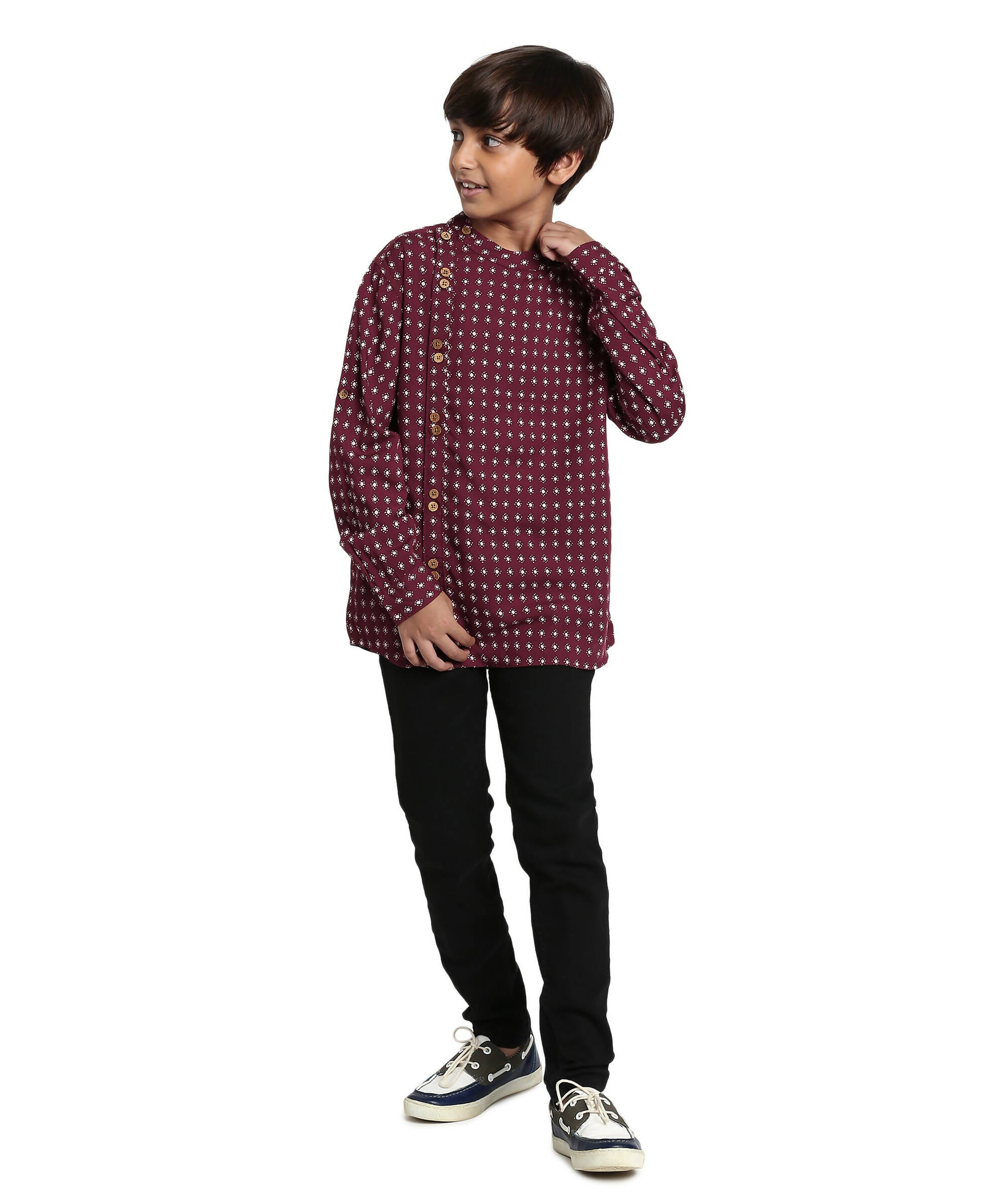 Manet Boys Full Sleeves Dot Printed Ethnic Shirt - Maroon - Distacart