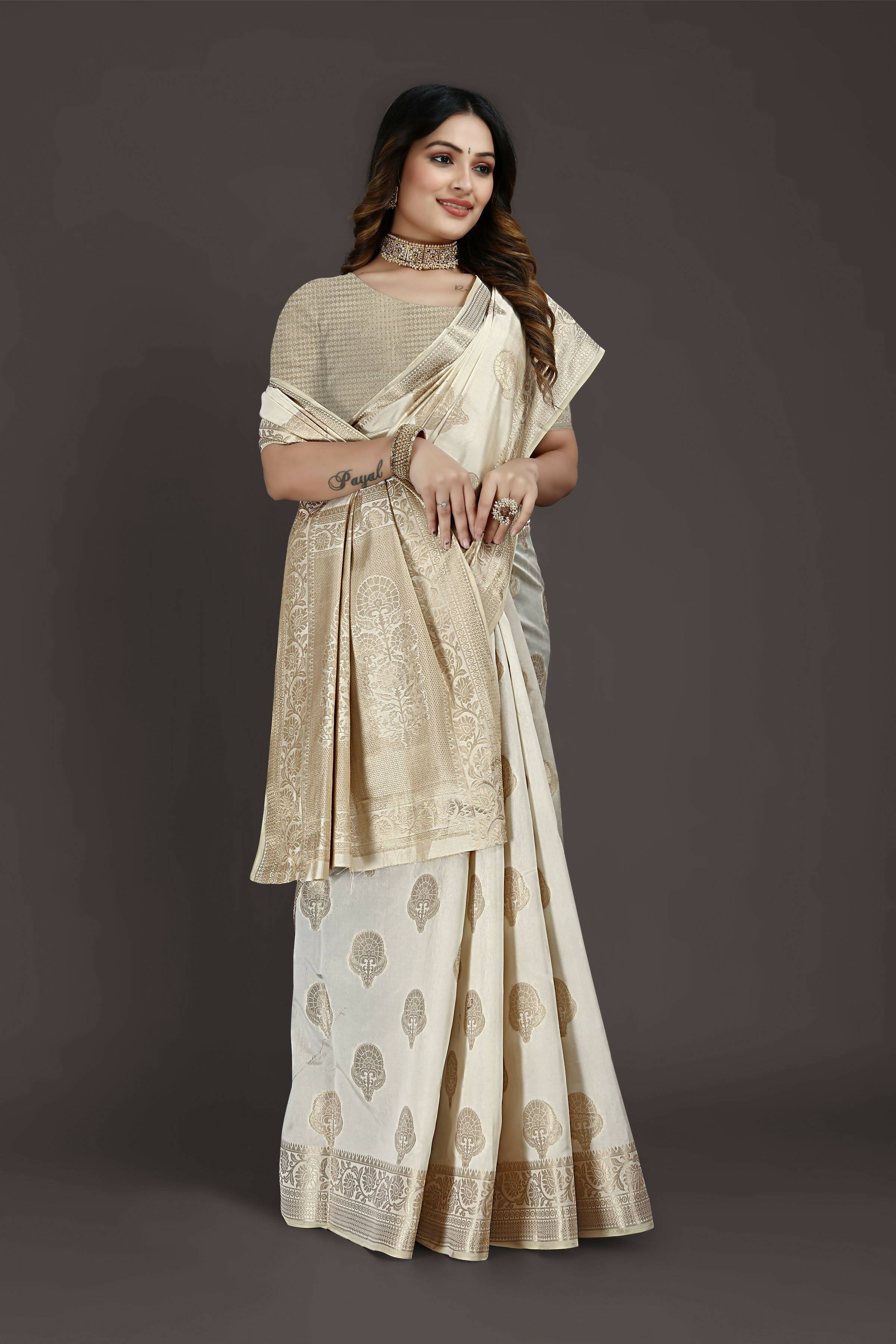 Off White Pure Raw Silk Zari Woven Saree with Unstitched Blouse Piece - Alisha - Distacart