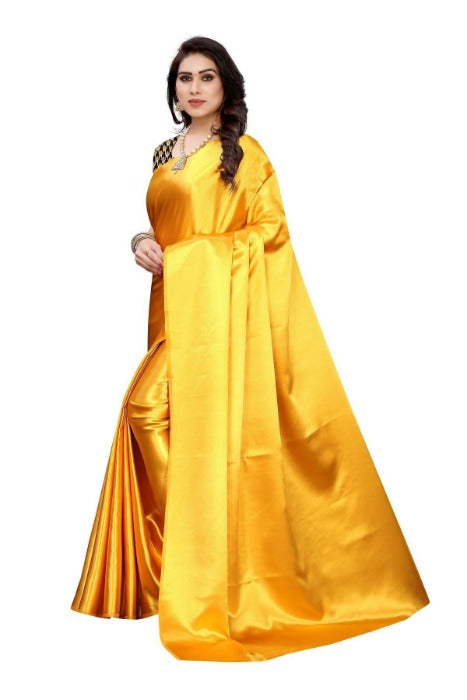 Vamika Plain Yellow Satin Sarees