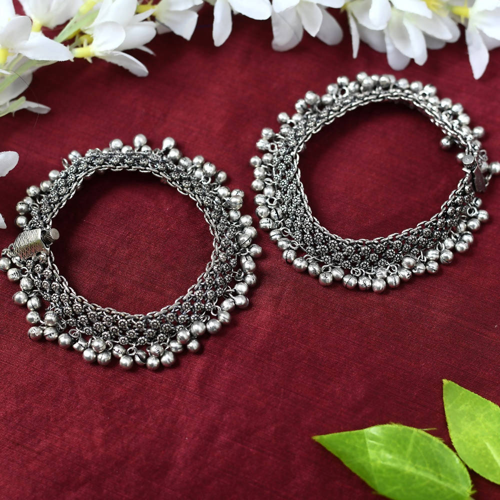 Mominos Fashion Kamal Johar Oxidised Silver Traditional Wear Anklets