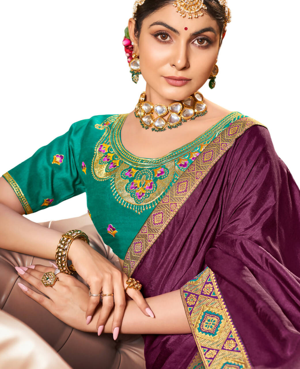 Purple Solid Vichitra Saree With Unstitched Blouse Piece - Selena - Distacart