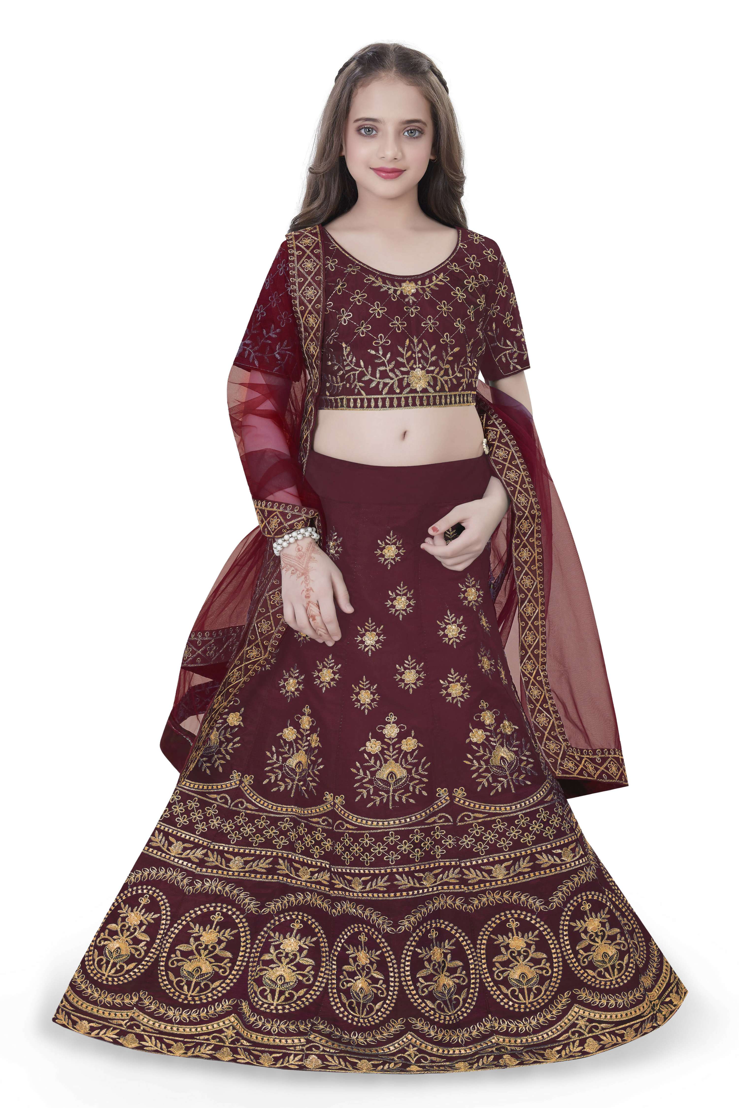 Dwiden Maroon Lehriyu Tafetta Sattin Semi-Stitched Girl's Lehenga Choli - Distacart