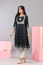 Thumbnail for Juniper Women Indigo Rayon Printed A-Line Kurta - Distacart
