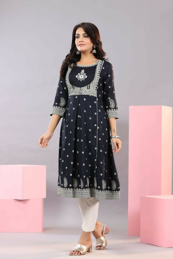 Juniper Women Indigo Rayon Printed A-Line Kurta - Distacart