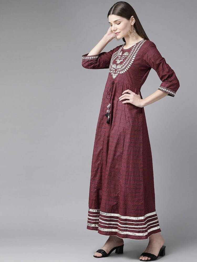 Yufta Women Maroon Geometric Printed Bell Sleeves Mirror Work Cotton Kurta