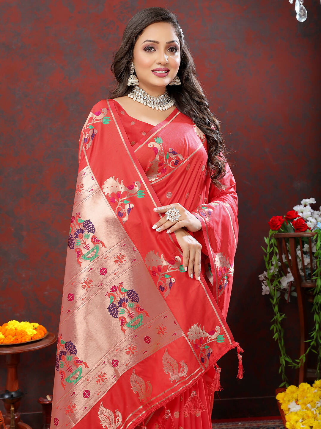 Lorenvalley Fashion Red Soft Paithani Silk Woven Design Copper Zari Meenakari Weaving Saree - Distacart