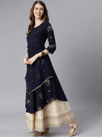 Thumbnail for Janasya Navy Blue Quirky Embellished Crepe Anarkali Kurta - Distacart
