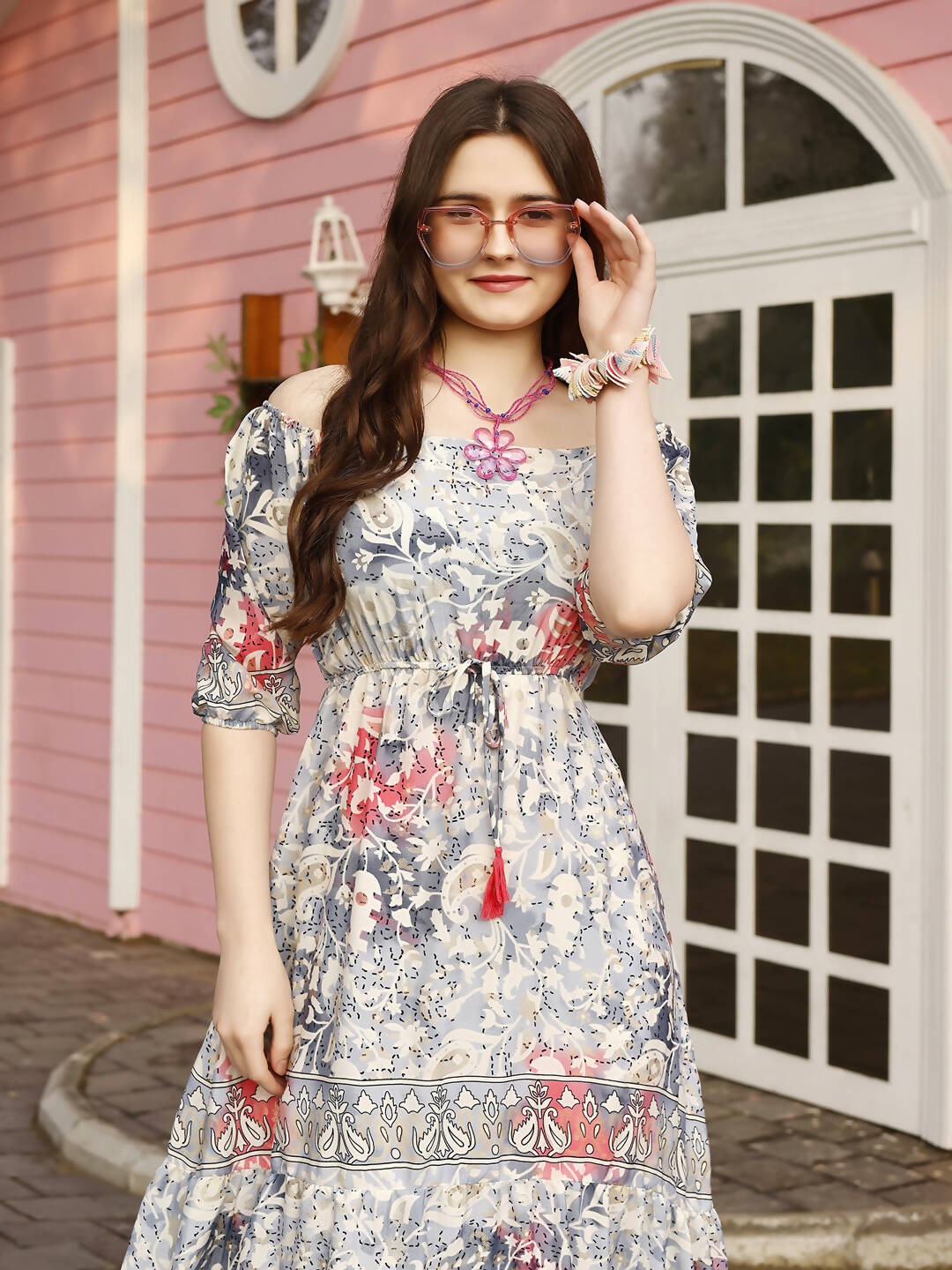 Grey Crepe Foil Printed Long Dress - Michan - Distacart