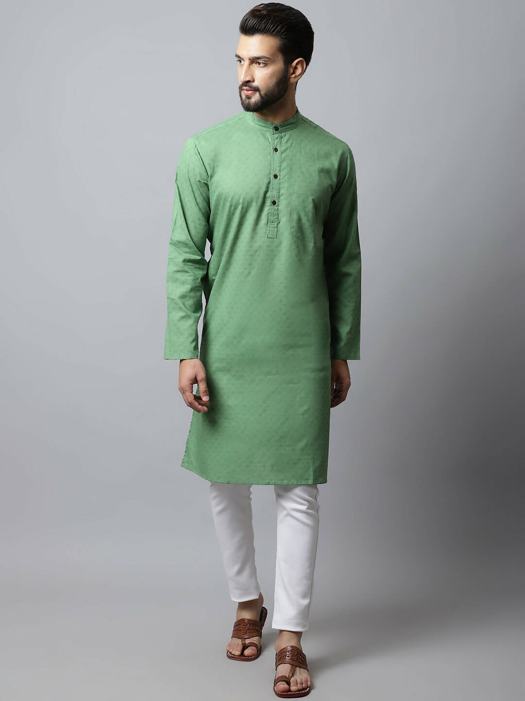 Even Apparels Green Color Pure Cotton Men's Kurta With Band Collar (SLD073) - Distacart
