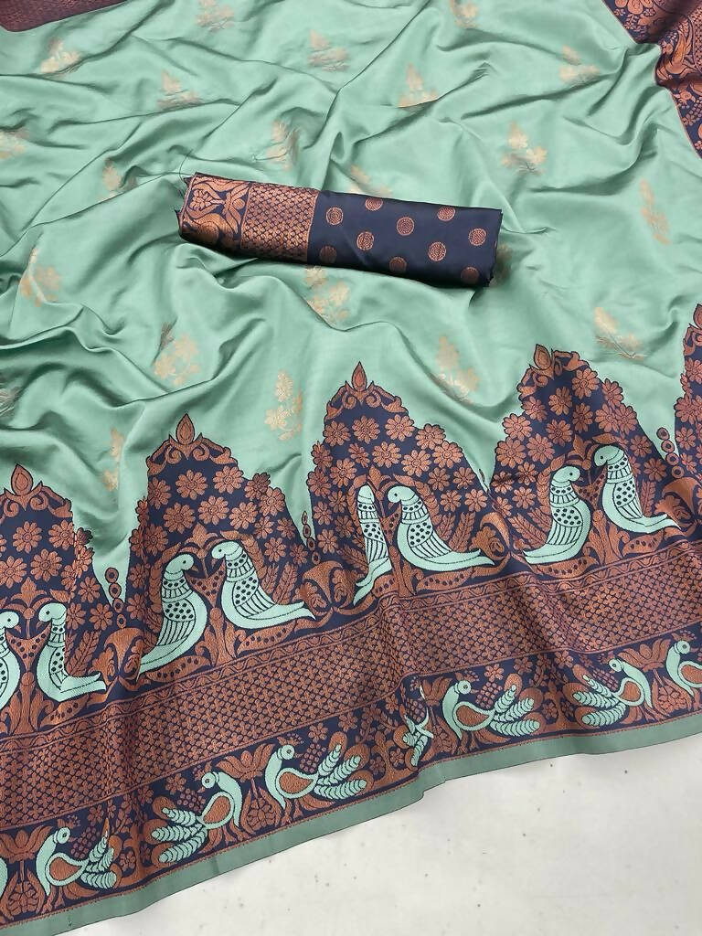 DEIANA'S Beautiful Golden Jari with New Design Soft Lichi Silk Saree - Sky - Distacart