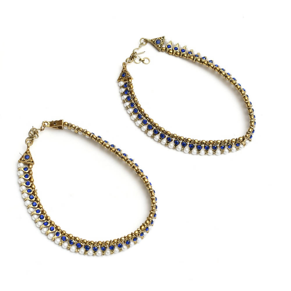 Mominos Fashion Kamal Johar Blue Kundan Anklets