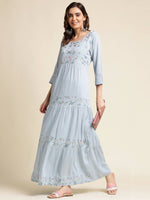 Thumbnail for Sky Blue Chinon Floral Embroidered Dress - Nandani - Distacart