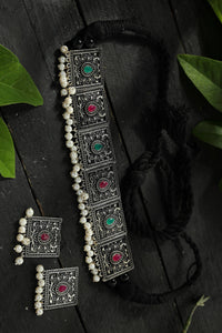 Thumbnail for Mominos Fashion Johar Kamal Statement Silver-Plated Brass Finish Kundan/Pearls Choker For Women (Multi) - Distacart