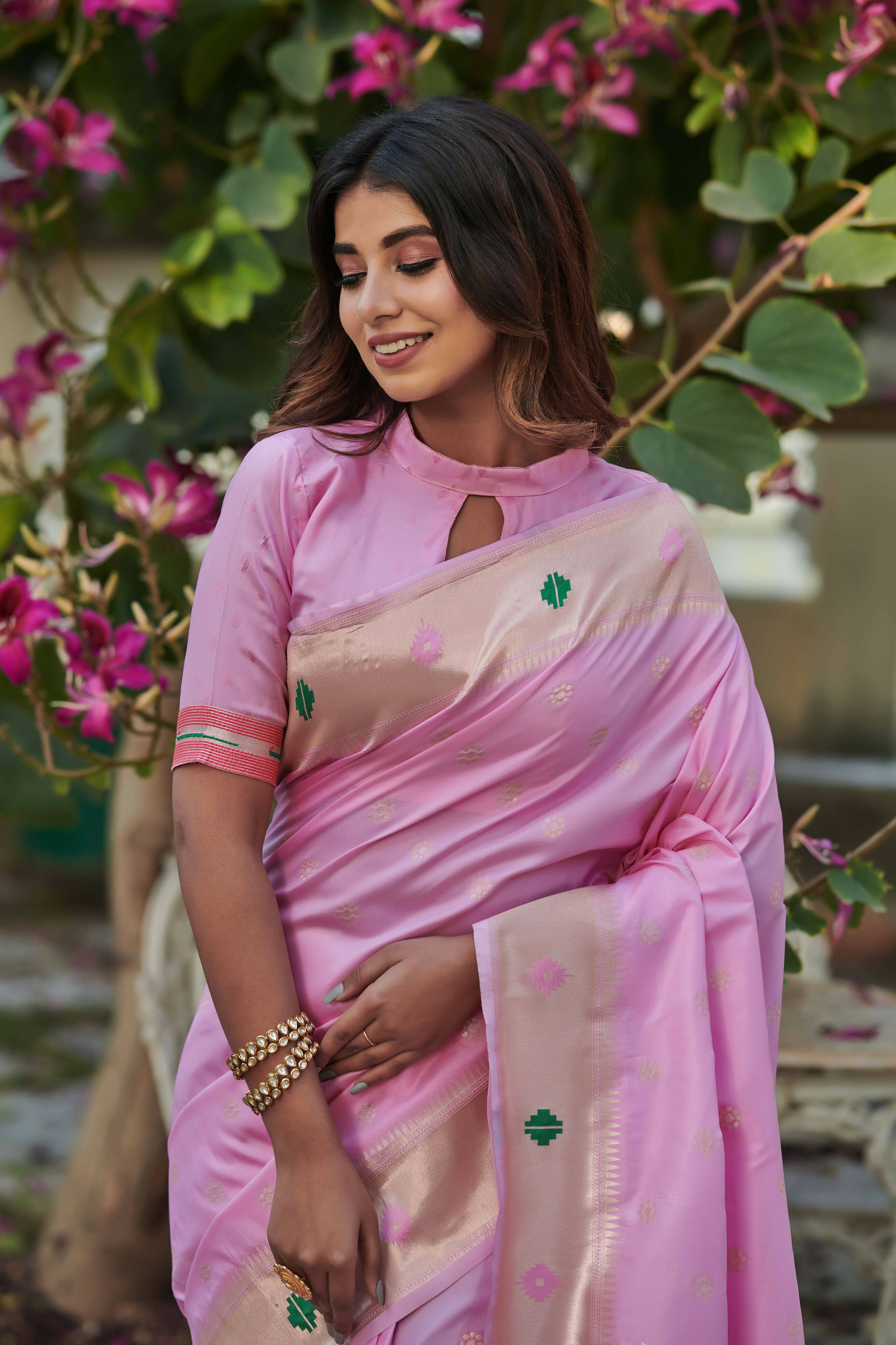 Vishnu Weaves Women's Baby Pink Banarasi Silk Zari Woven Paithani Saree with Unstitched Blouse - Distacart