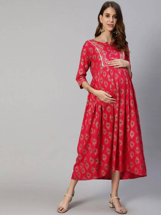 Anubhutee Fuchsia Pink Ethnic Motifs Maternity A-Line Midi Dress - Distacart
