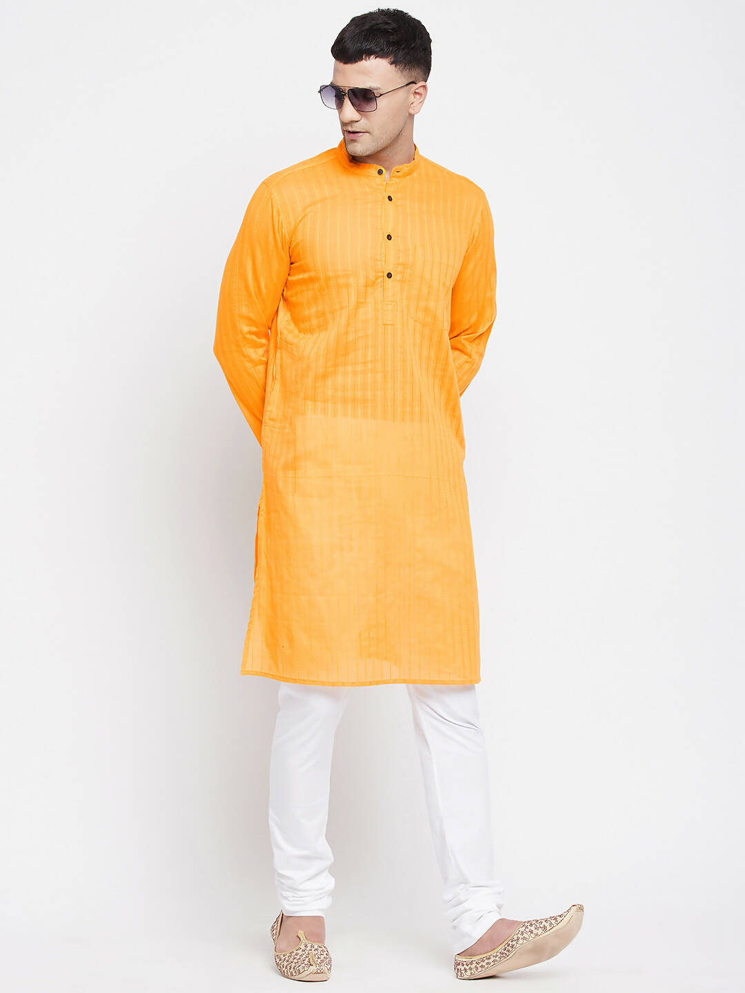 Even Apparels Men's Pure Cotton Kurta With Band Collar in Yellow Color - Distacart