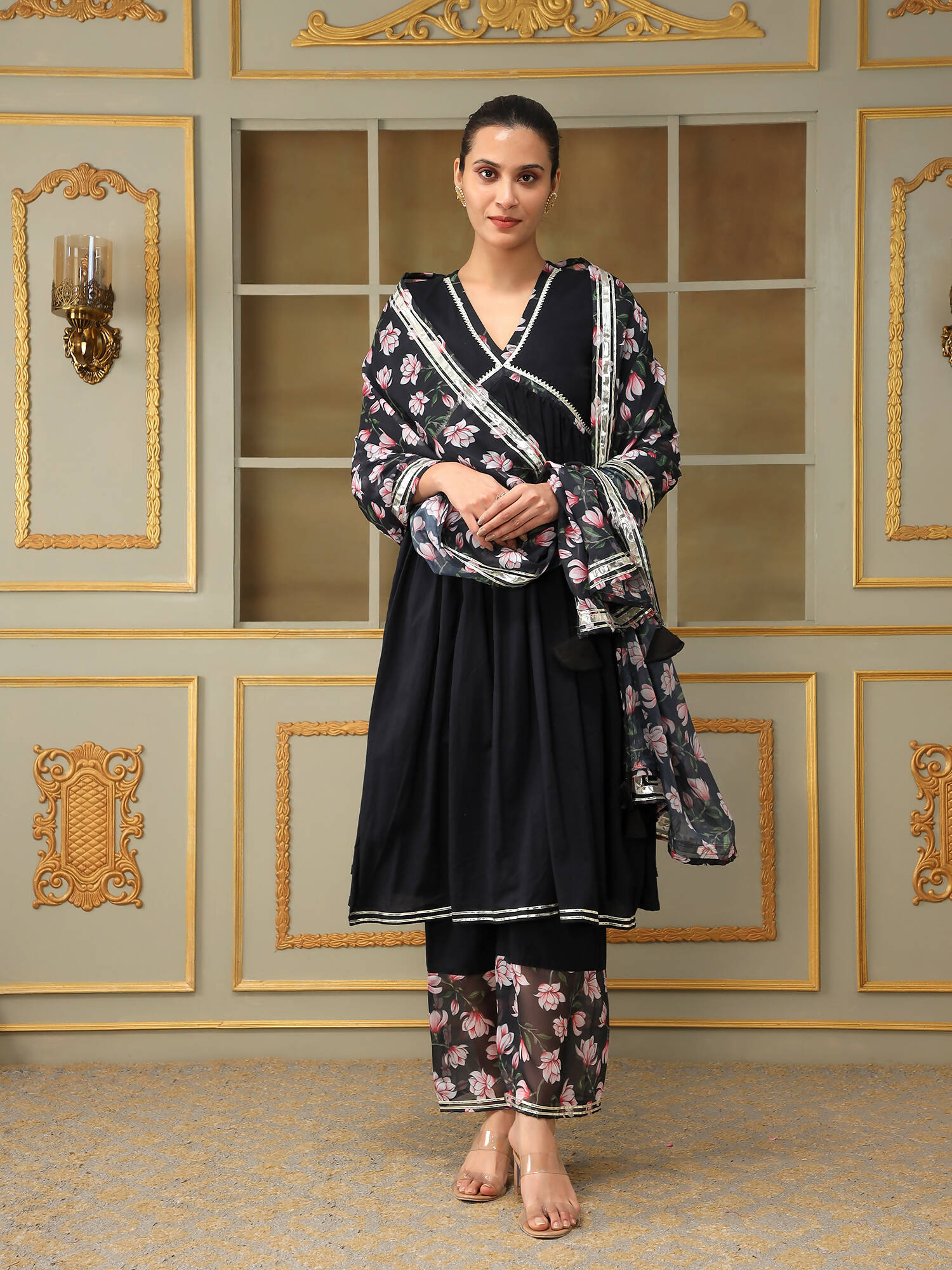 Pomcha Jaipur Black Saadgi Pink Lotus Black Straight Suit Set - Distacart