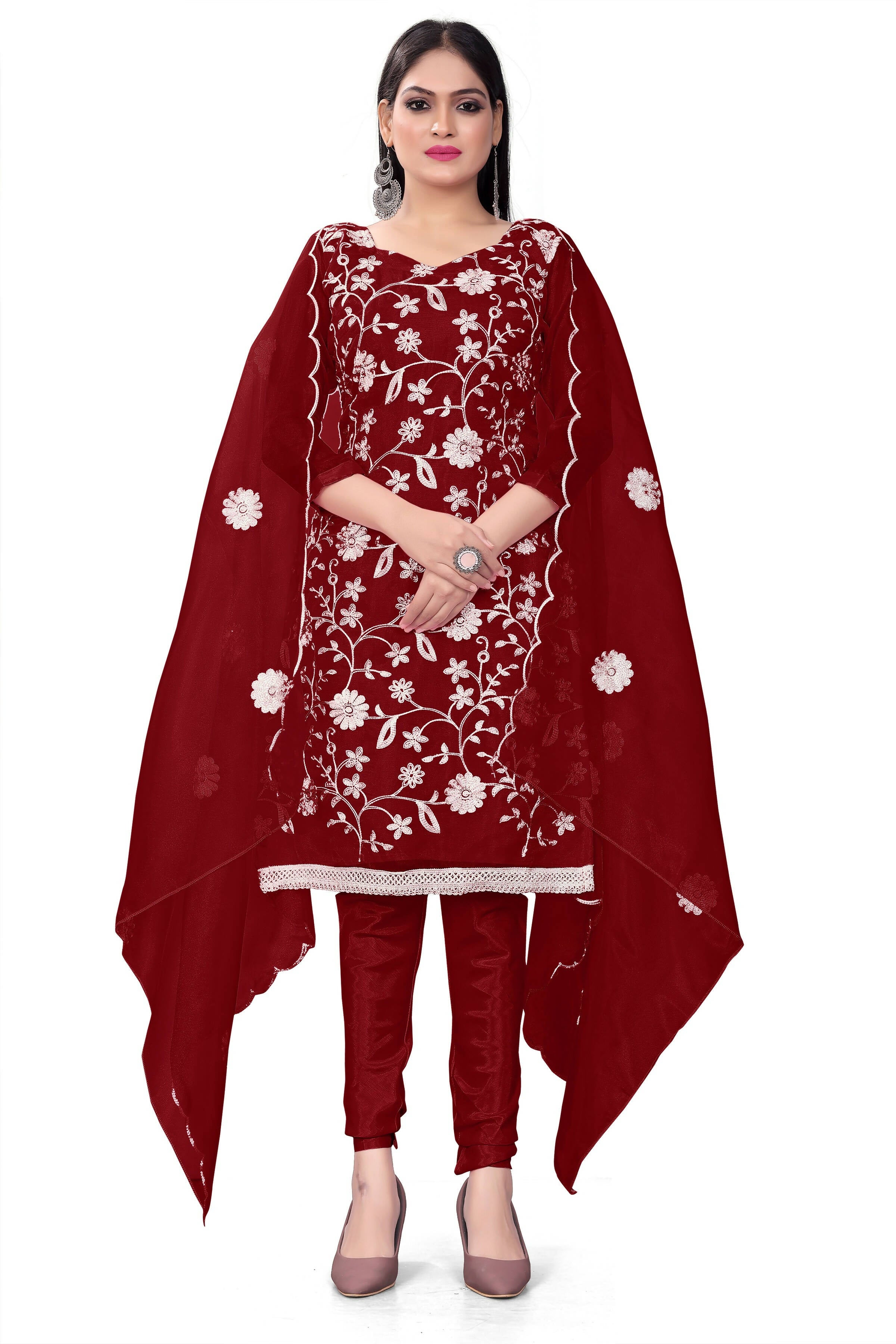 Maroon Organza Silk Embroidered Work Unstitched Dress Material - Tanvi - Distacart