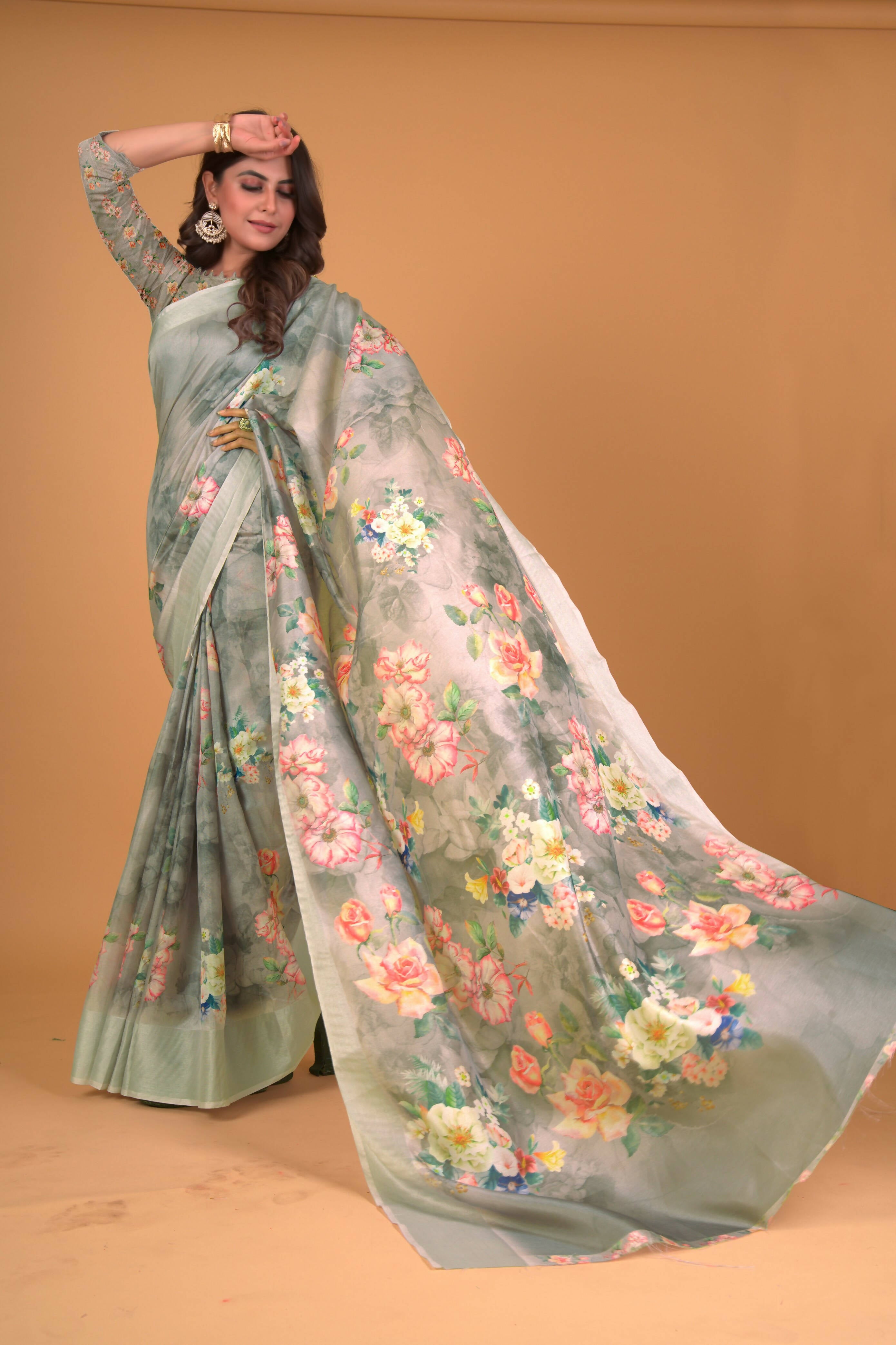 Green Cotton Silk Floral Printed Saree With Unstitched Blouse Piece - Akshita - Distacart
