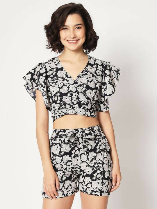 Black Crepe Floral Printed Top with Matching Shorts Set - Shivani - Distacart