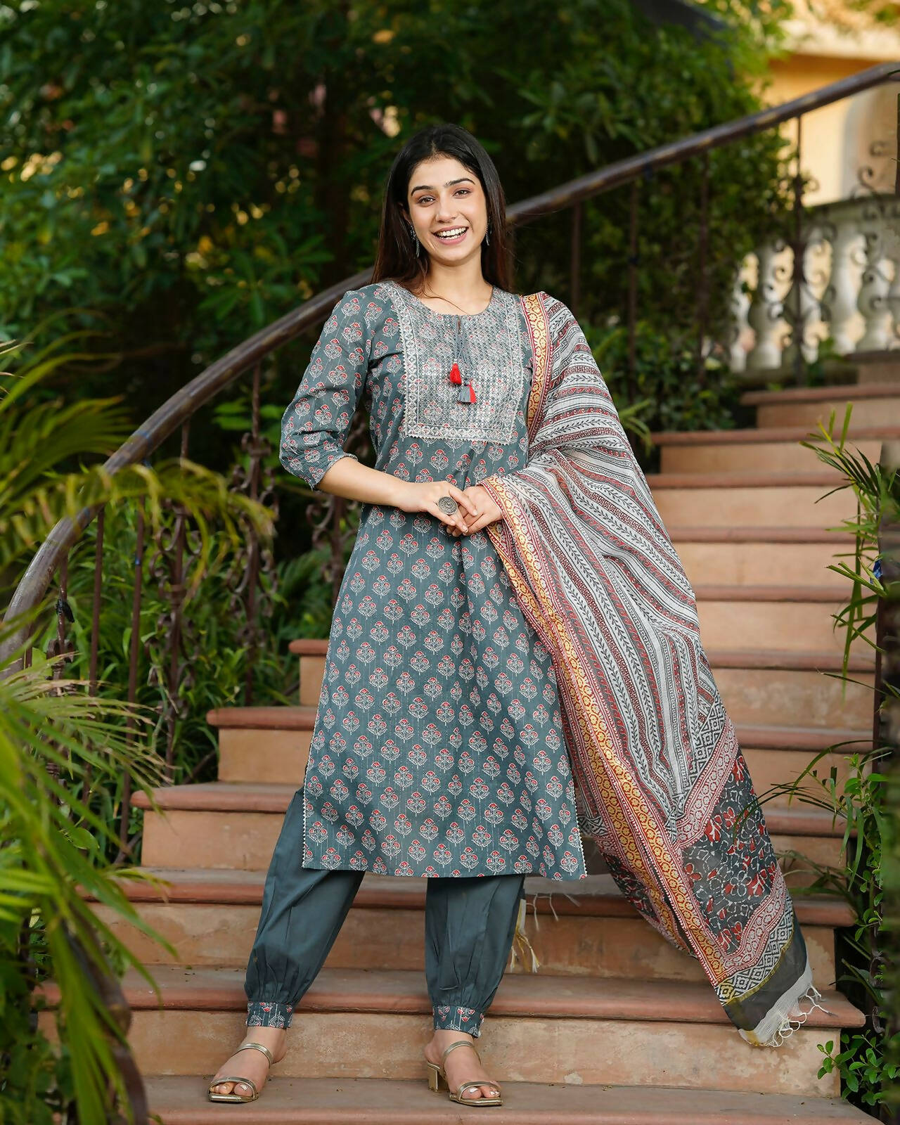 Juniper Women's Grey Cotton Printed Straight Kurta Pant Dupatta Set - Distacart