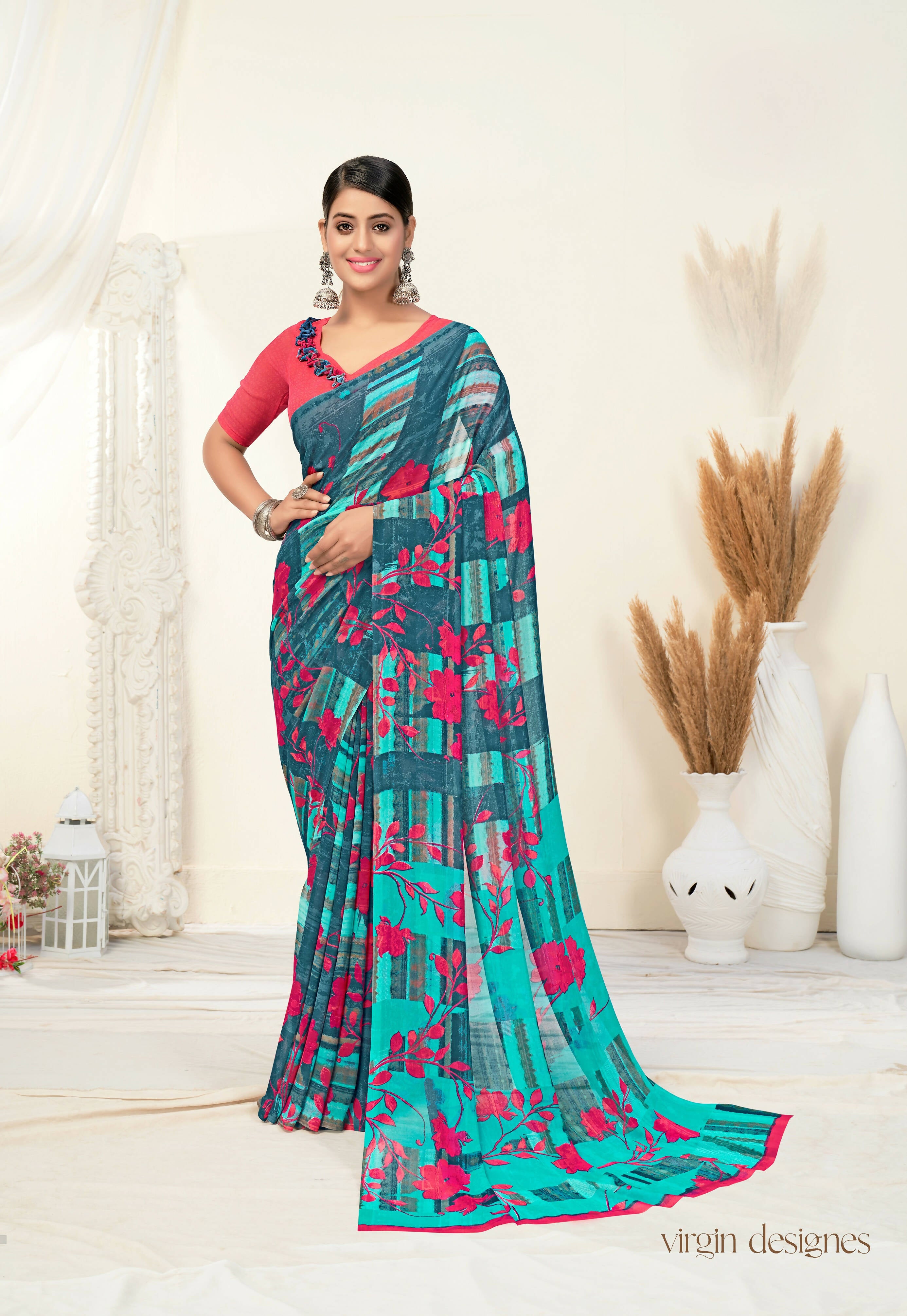 Teal Georgette Floral Printed Saree With Unstitched Blouse Piece - Jyoti - Distacart