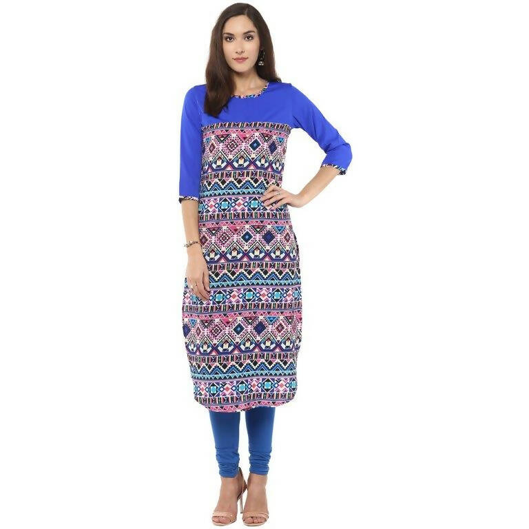 Women's Royal Round Neck Multi Print Kurti - G & A Apparels - Distacart