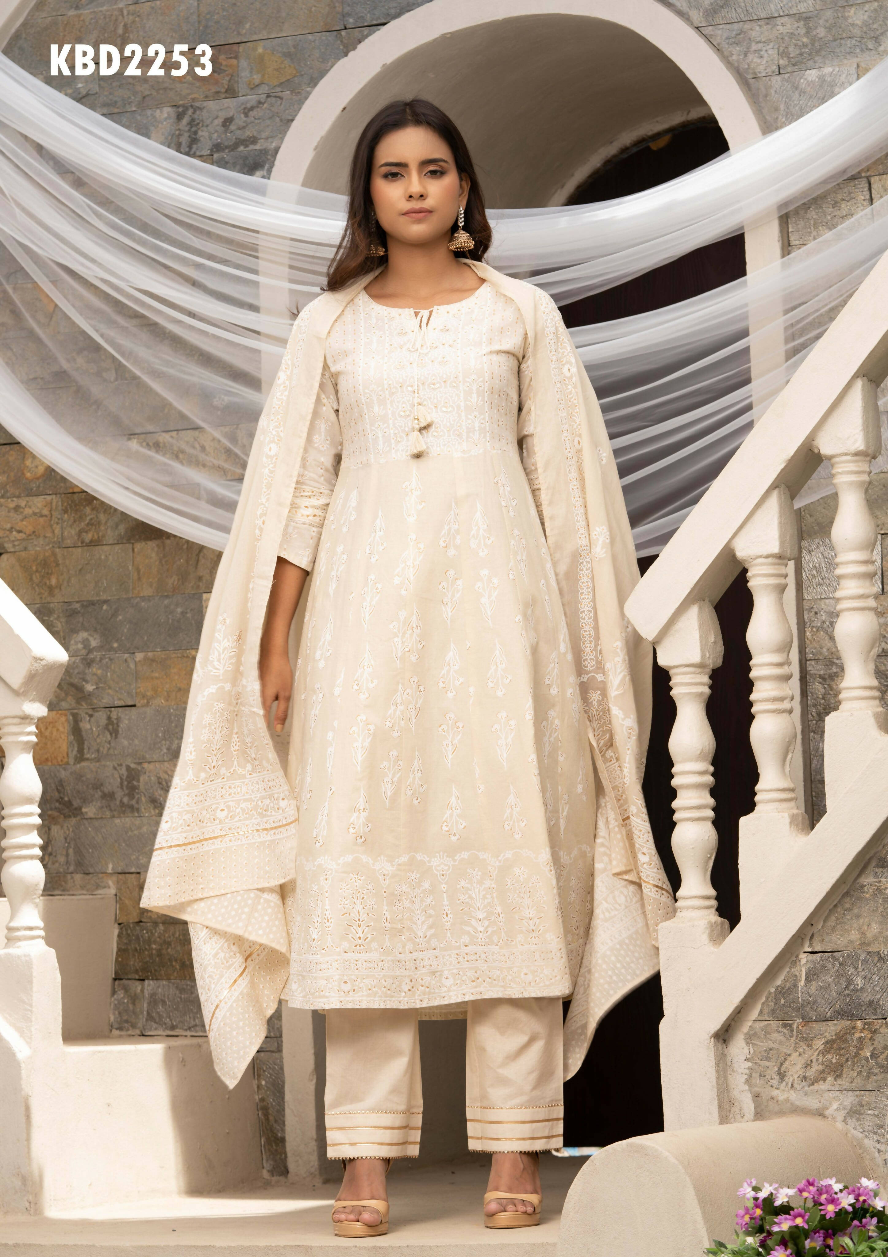 Off White Cotton Cambric Printed with Sequins work Anarkali Kurta with Pant & Dupatta - Akashara - Distacart