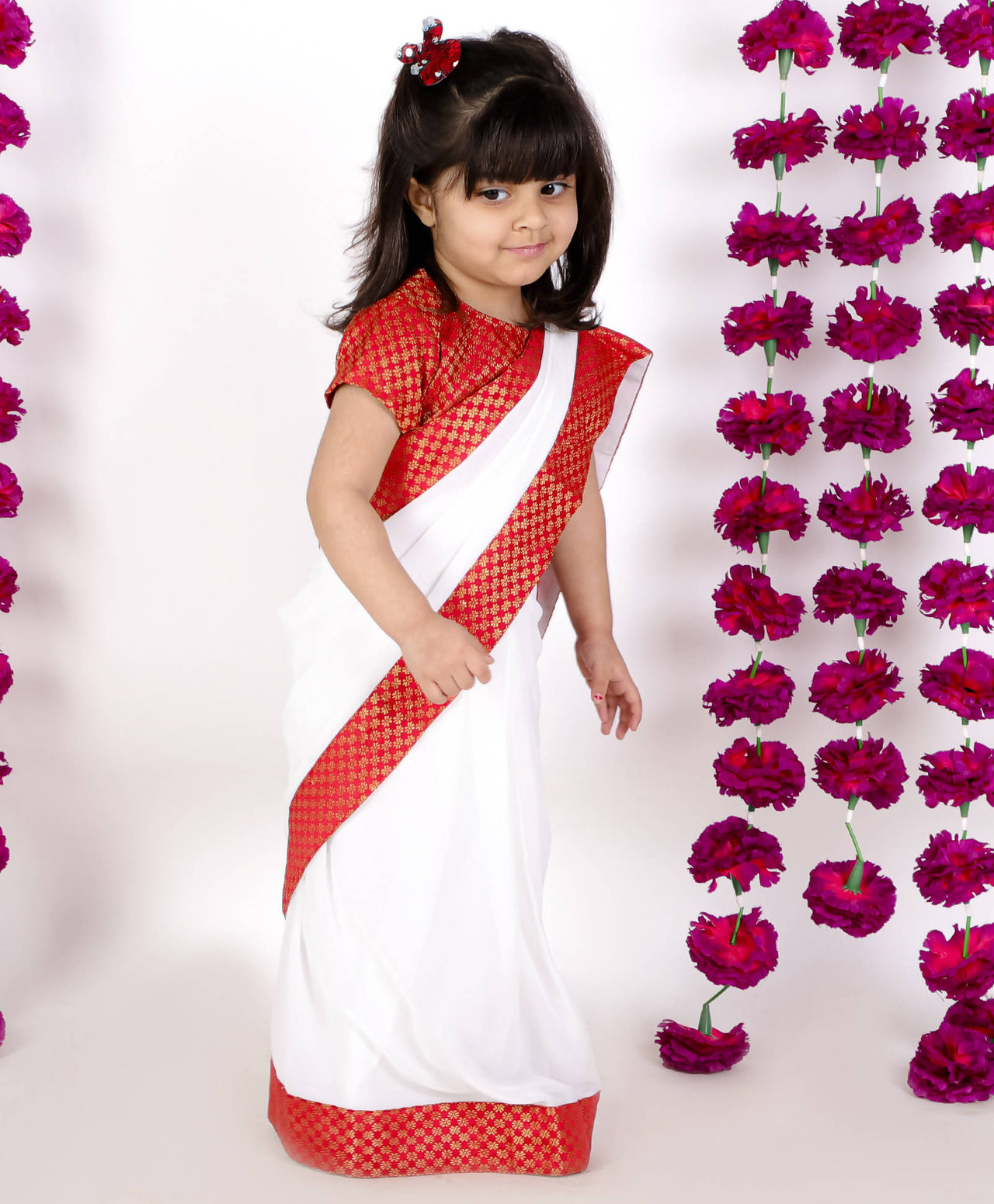 Little Bansi Red And White Color Bengali Saree With Floral Brocade Blouse