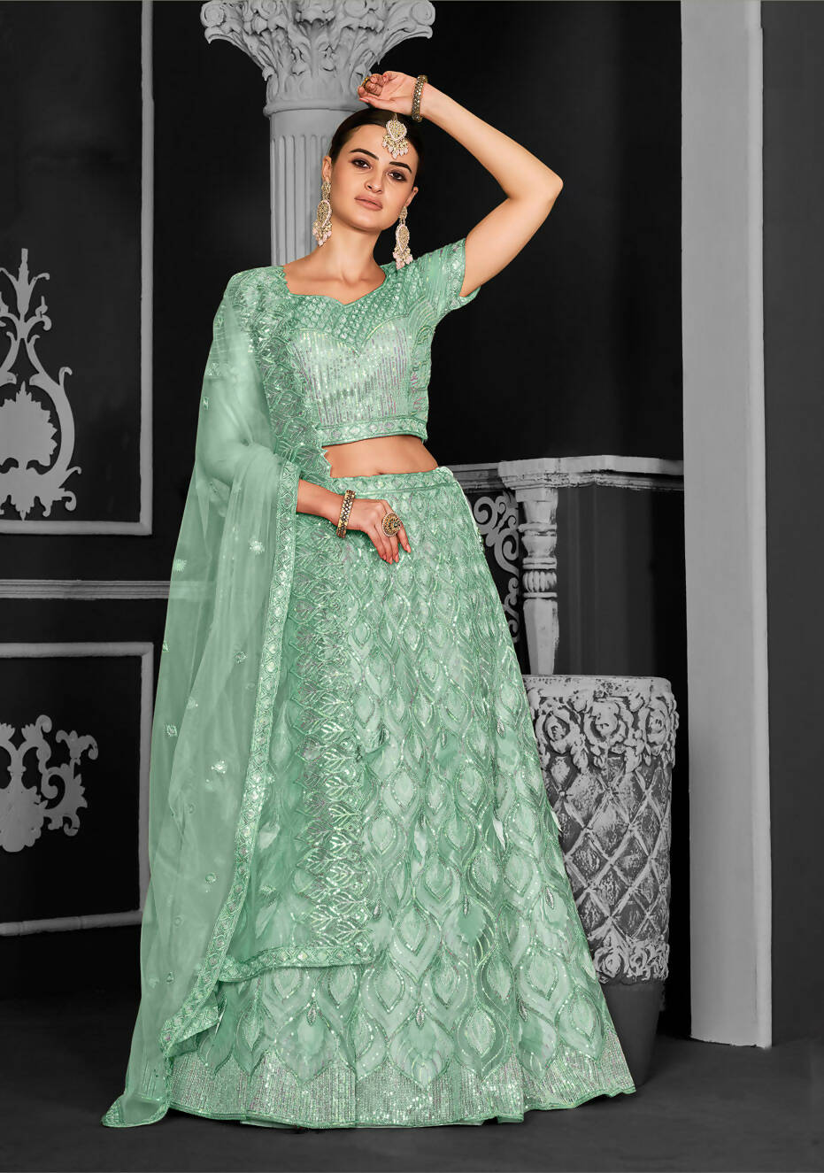 Sea Green Net Semi-Stitched Bridal Lehenga - Nimayaa Bonanza - Distacart