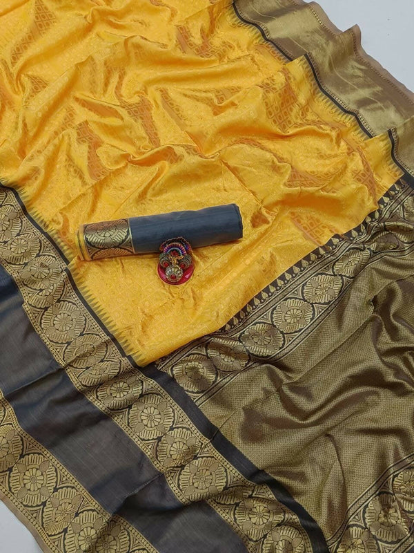 DEIANA'S Beautiful Golden Jari with New Design Soft Lichi Silk Saree - Yellow - Distacart