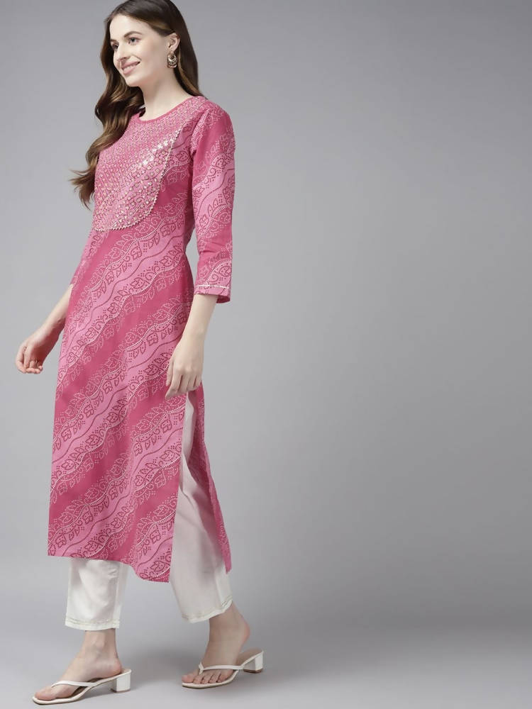 Yufta Women Pink Bandhani Yoke Design Pure Cotton Kurta with Palazzo and Dupatta