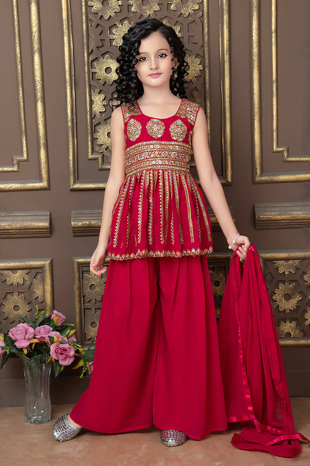 Kids Wedding Designer Pink Faux Georgette Sharara Suit - Aaradhna - Distacart