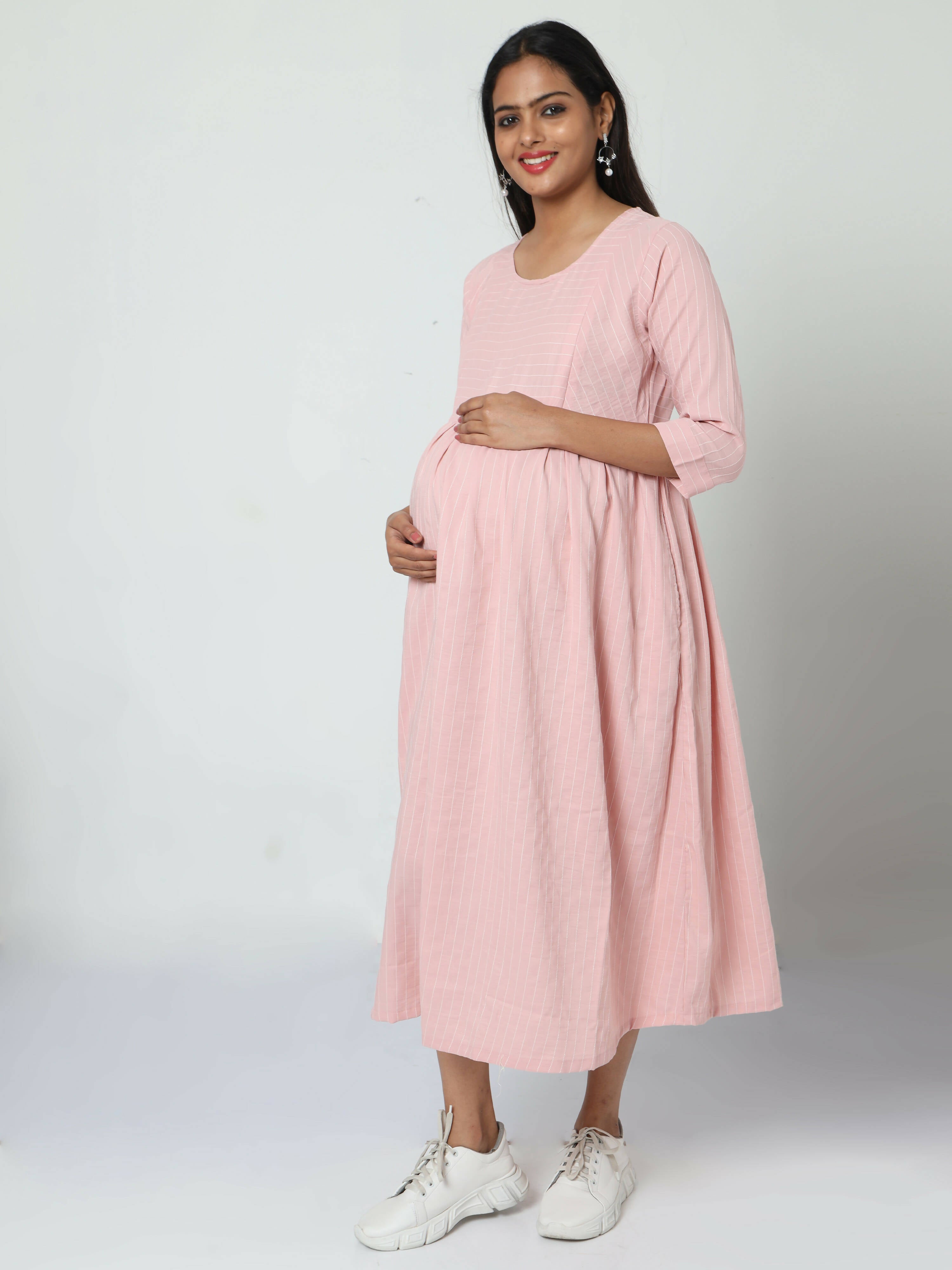 Manet Three Fourth Maternity Dress Striped With Concealed Zipper Nursing Access - Baby Pink - Distacart