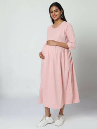 Thumbnail for Manet Three Fourth Maternity Dress Striped With Concealed Zipper Nursing Access - Baby Pink - Distacart