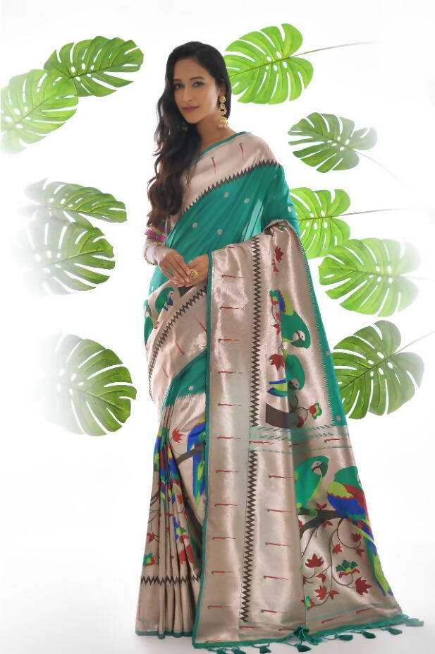 Vishnu Weaves Women's Rama Paithani Silk Zari Woven Saree with Unstitched Blouse - Distacart