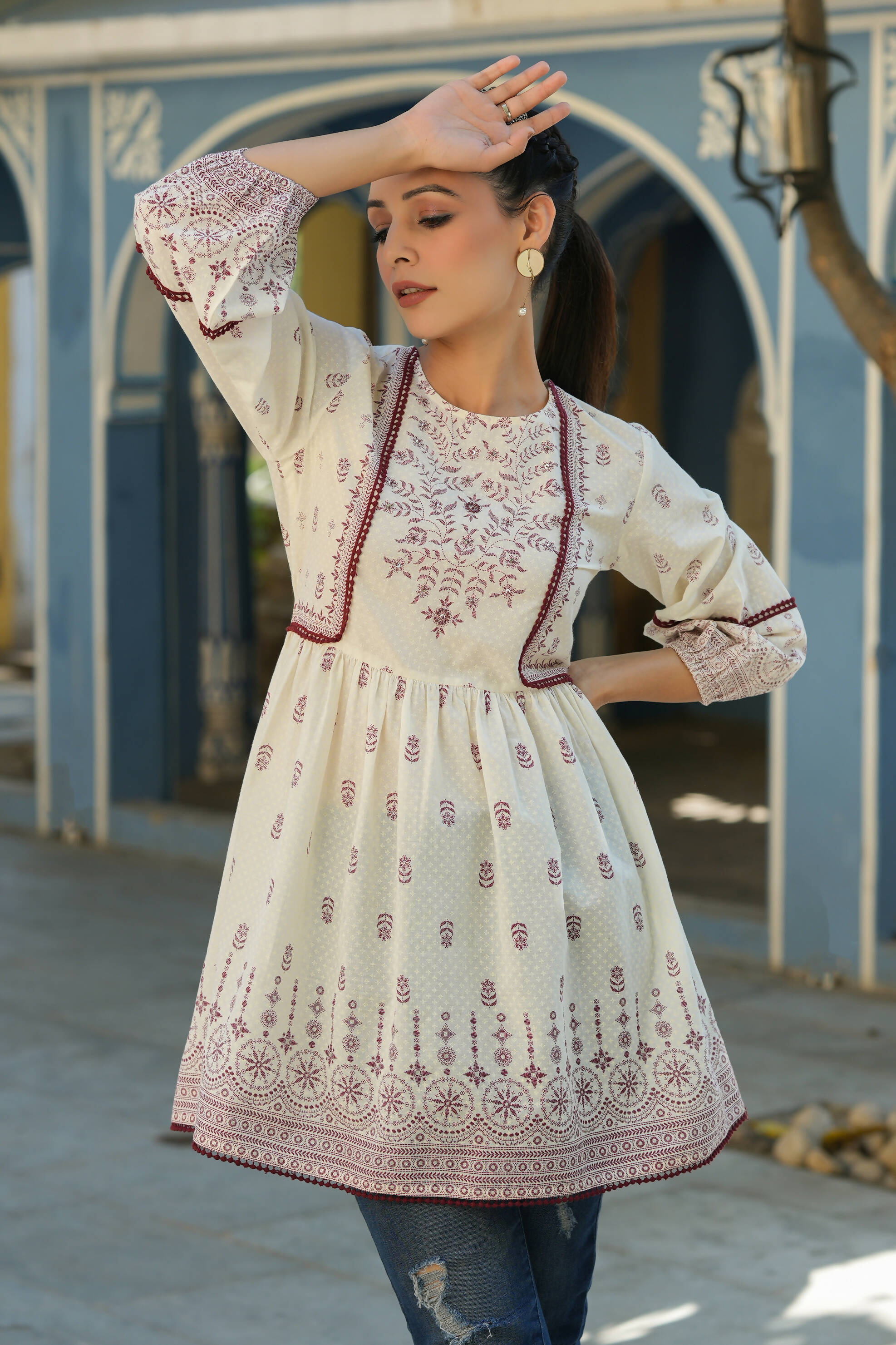 Juniper Women's White & Maroon Cambric Floral Printed Tunic - Distacart