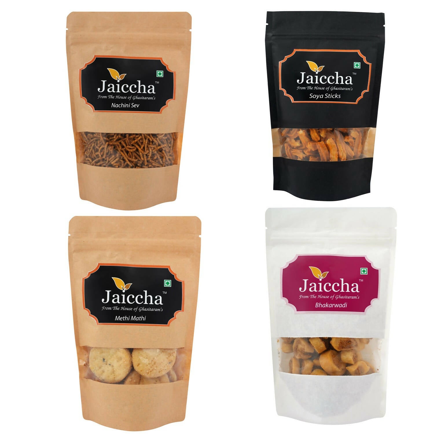 Ghasitaram Best of 4 Assorted Namkeens Soya Sticks, Nachini Sev, Bhakar wadi, Methi Mathi Pouches - Distacart