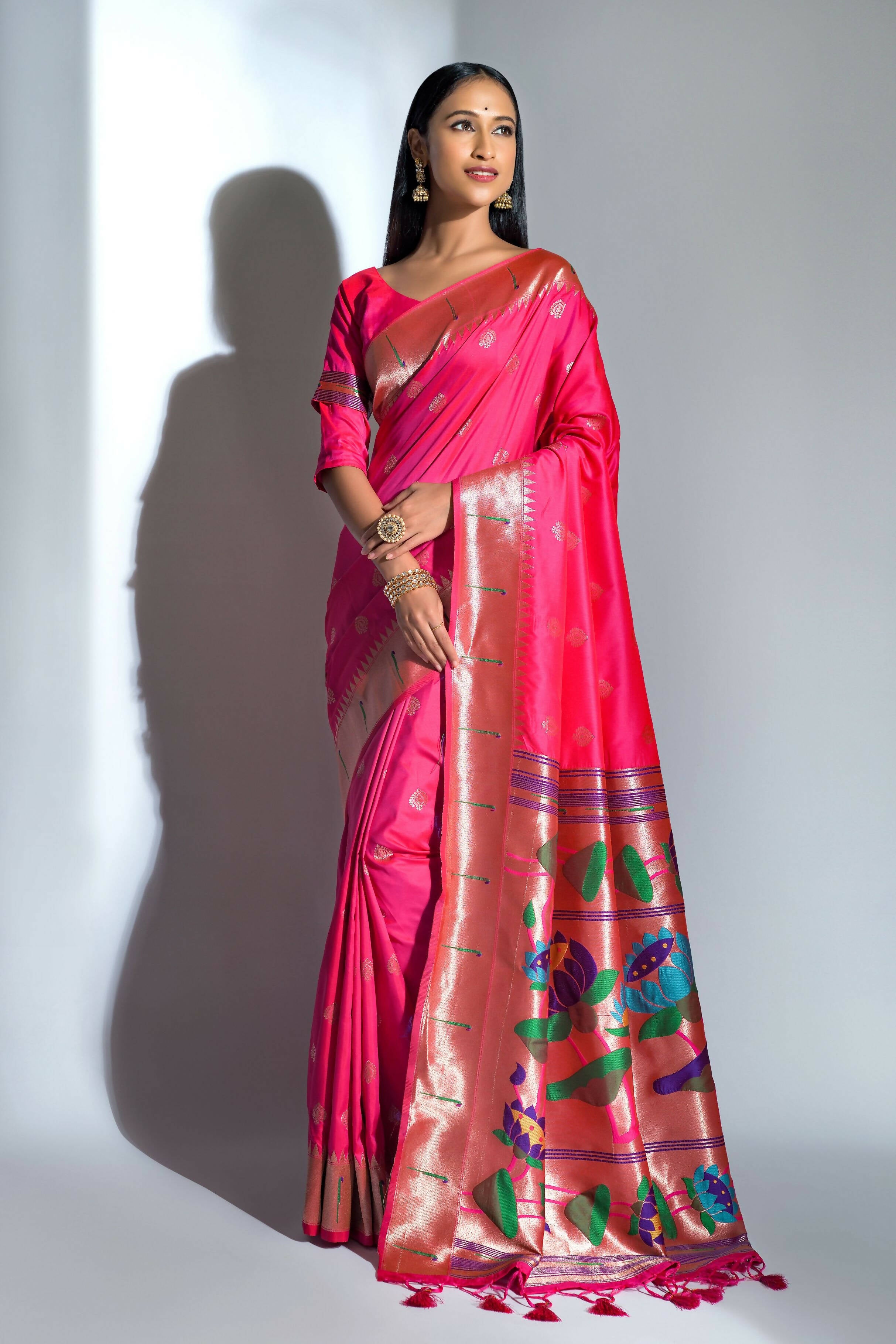 Vishnu Weaves Women's Rani Pink Paithani Silk Zari Woven Saree with Unstitched Blouse - Distacart